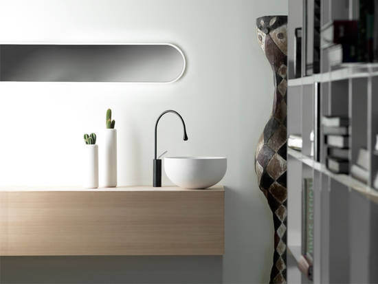 Gessi Goccia Waschtischmischer schwarz matt, mit Goccia Auflagewaschtisch rund wei� matt