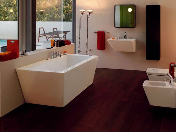 Il Bagno Alessi dOt, Waschtisch aus Sanit�rkeramik, Gr��e 740x490mm, mit Ab- und �berlaufsystem Clou, Artikel-Nr. 81290.5, Il Bagno Alessi dOt, freistehende Badewanne aus Sanit�racryl mit Sch�rze, Gr�sse 1900x900mm, H�he 620mm, mit Ab- und �berlaufgarnitur Clou, Artikel-Nr. 23090.2, Il Bagno Alessi dOt, Bidet wandh�ngend aus Sanit�rkeramik, Gr��e 580x390mm, mit Ab- und �berlaufsystem Clou, Artikel-Nr. 83090.1, Il Bagno Alessi dOt, Tiefsp�l-Klosett wandh�ngend aus Sanit�rkeramik, Gr��e 580x390mm, Artikel-Nr. 82090.0, WC-Sitz mit Deckel und hydraulischer Absenkautomatik, Artikel-Nr. 89290.1