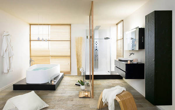 SingleBath Badezimmer, SingleBath Duo freistehende Badewanne, 1786x1161mm, mit Schiefer-Podest 1960x1350x190mm in schwarz, mit  Wannenrandarmtur von Axor Starck, SingleBath Duscheinheit mit Walk-In Duschabtrennung, Gr��e 1600x900mm, Dusch-Paneel mit Regenbrause sowie Seitend�sen und Handbrause, Waschtischl�sung �Two in one� mit Waschtischunterbau Schiefer-Furnier schwarz, Ma�e 1350x530x390mm, mit beleuchtetem Spiegelschrank