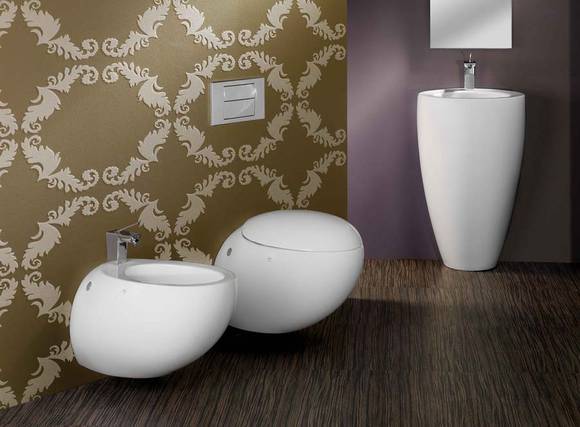 Il Bagno Alessi One, Waschtisch-S�ule aus Sanit�rkeramik, Gr��e 520x530mm H�he 850mm, mit Ab- und �berlaufsystem Clou, Artikel-Nr. 81197.1, Il Bagno Alessi One, Bidet wandh�ngend aus Sanit�rkeramik, Gr��e 585x390mm, mit Ab- und �berlaufsystem Clou, Artikel-Nr. 83097.1, Il Bagno Alessi One, Tiefsp�l-Klosett wandh�ngend aus Sanit�rkeramik, Gr��e 585x390mm, Artikel-Nr. 82097.6, WC-Sitz mit Deckel und hydraulischer Absenkautomatik, Artikel-Nr. 89297.1