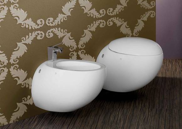 Il Bagno Alessi One, Waschtisch-S�ule aus Sanit�rkeramik, Gr��e 520x530mm H�he 850mm, mit Ab- und �berlaufsystem Clou, Artikel-Nr. 81197.1, Il Bagno Alessi One, Bidet wandh�ngend aus Sanit�rkeramik, Gr��e 585x390mm, mit Ab- und �berlaufsystem Clou, Artikel-Nr. 83097.1, Il Bagno Alessi One, Tiefsp�l-Klosett wandh�ngend aus Sanit�rkeramik, Gr��e 585x390mm, Artikel-Nr. 82097.6, WC-Sitz mit Deckel und hydraulischer Absenkautomatik, Artikel-Nr. 89297.1