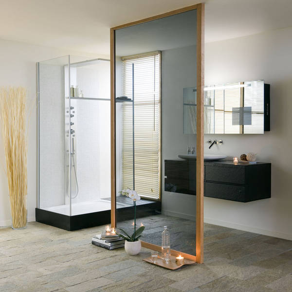 SingleBath Waschtischl�sung, mit �Two in one�-Waschbecken (Einbauwaschbecken und Aufsatzwaschbecken), Waschtischunterschrank mit Ausz�gen, Dekor Schiefer, mit beleuchtetem Spiegelschrank mit TFT-Display